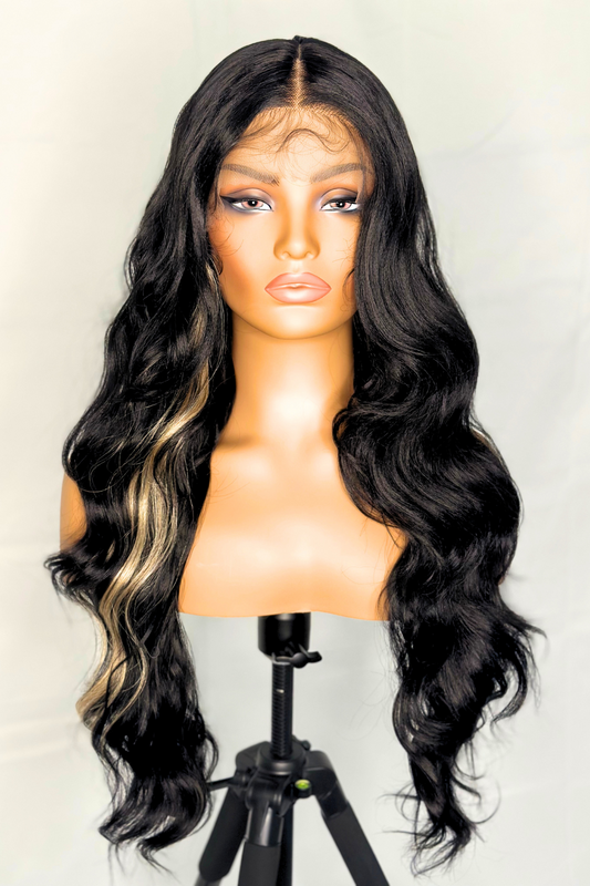 "Midnight Mirage" | HD Synthetic Lace Front Wig | Long Wavy Black/Blonde Skunk Stripe Wig